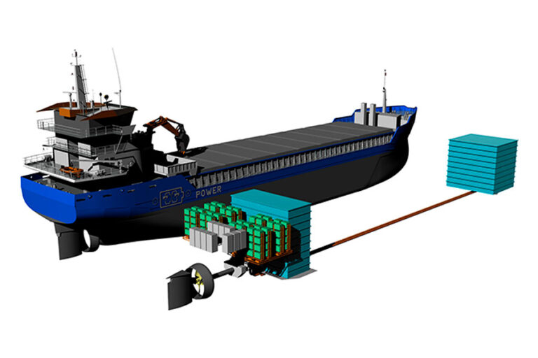 Redox flow batteries in cargo vessel schematic image
